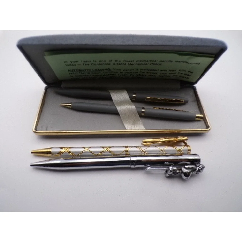 Vintage Mechanical Pencil and Pen Sets Two‎ Tone Silver Gold Tone Engraved Case